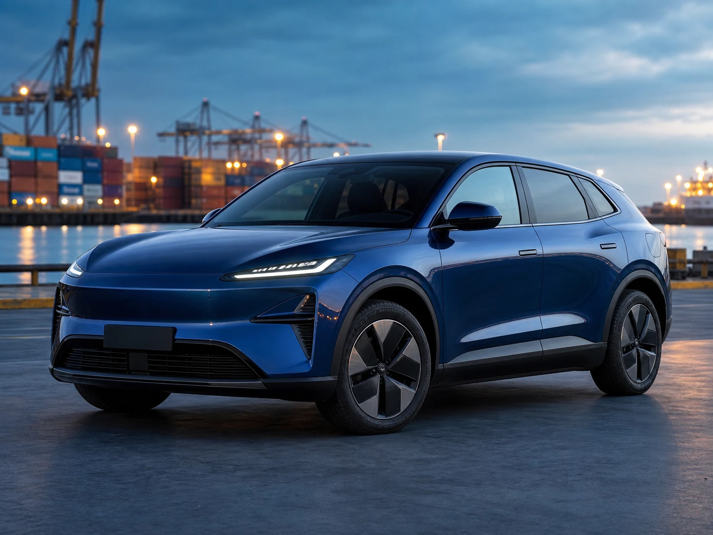 Unbranded blue electric crossover at an export terminal — demonstration image